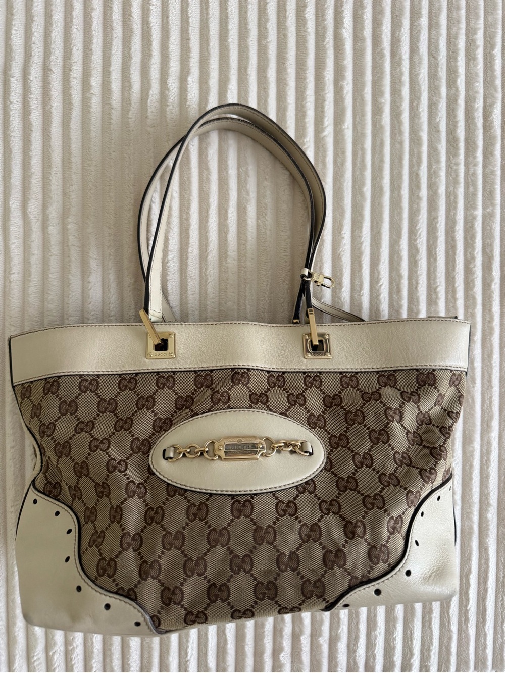 Gucci Brown Monogram Canvas Tote with Cream Leather Trim